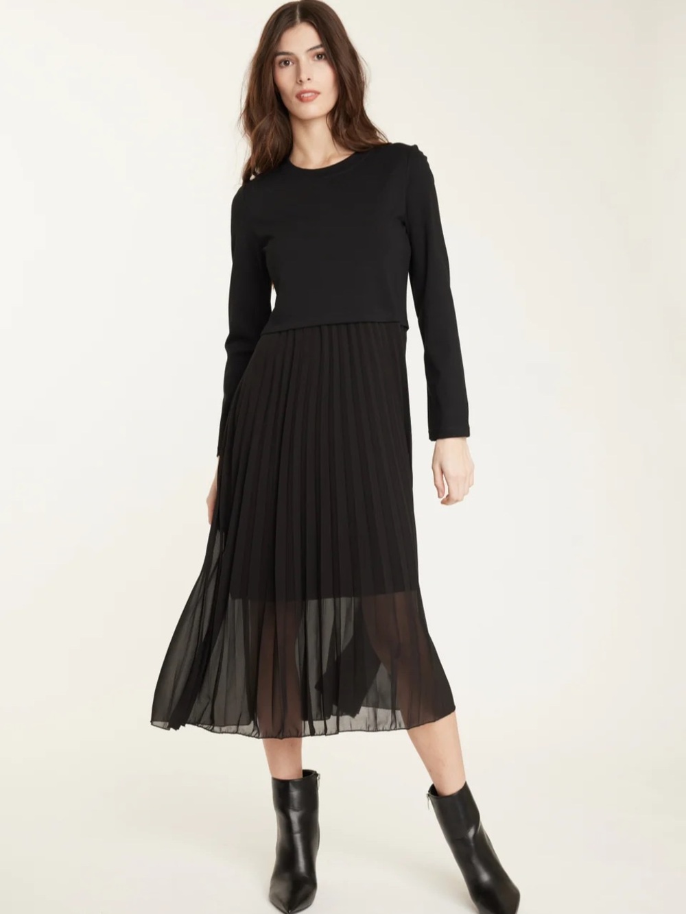Pistache Georgette Black Pleated Long Sleeve Midi Dress